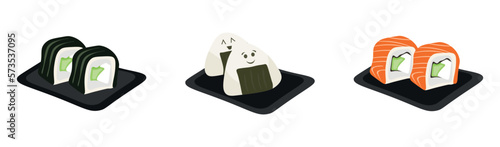 Asian cuisine dishes rolls and onigiri isolated on white background. Vector illustration in flat style