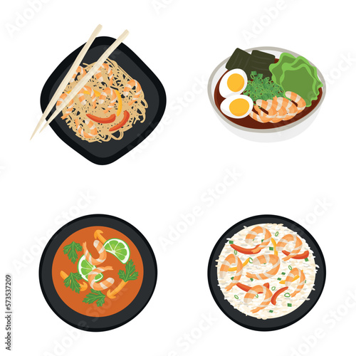 Set of Asian cuisine dishes with shrimps isolated on white background. Vector illustration in flat style