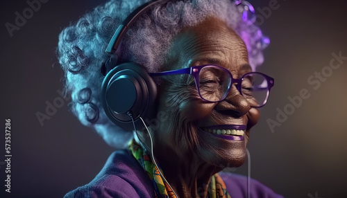 Old lady listem music in headphones photo