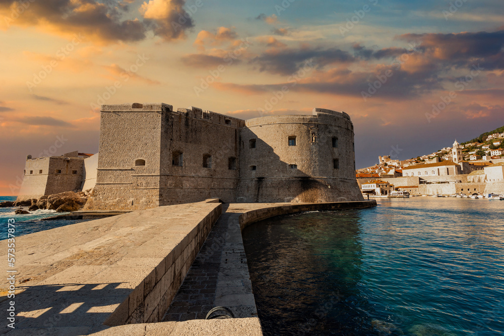 Old city walls in Dubrovnik at sunset, Croatia