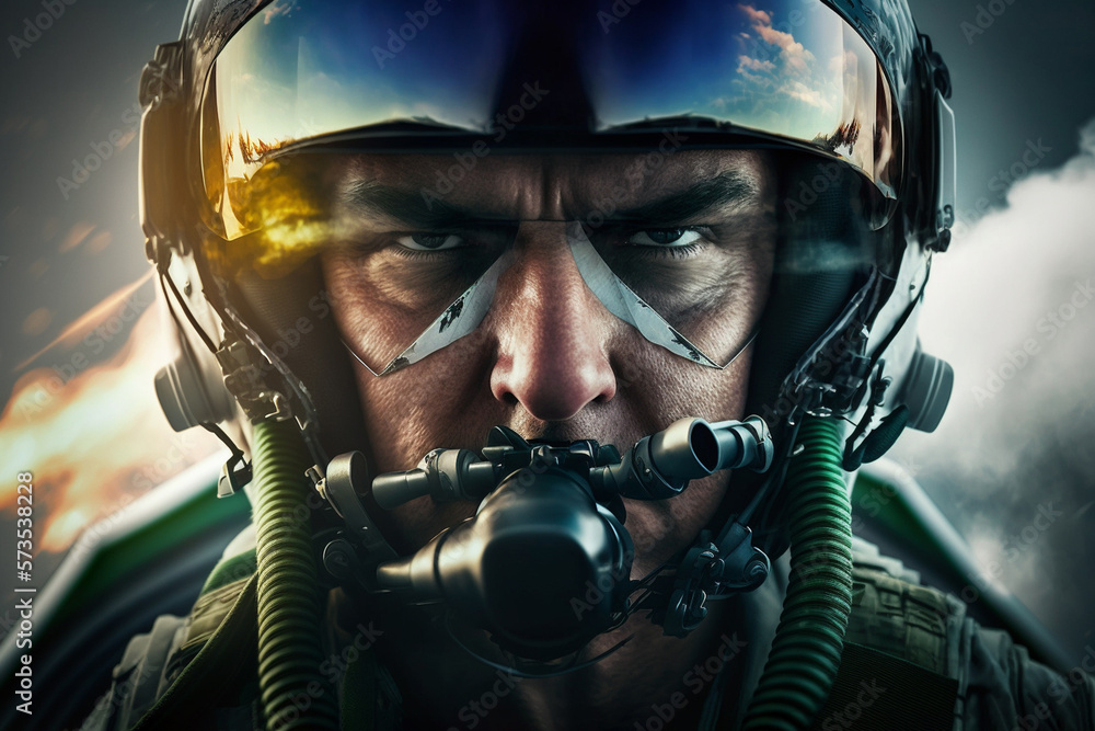 Mid-flight, a jet fighter pilot is captured in a close-up shot, showcasing his focus and determination as he expertly maneuvers his aircraft through the sky. Ai Mid-flight, a jet fighter pilot is captured in a close-up shot, showcasing his focus and determination as he expertly maneuvers his aircraft through the sky. Ai