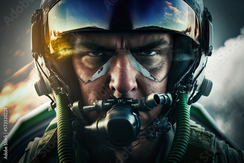 Mid-flight, a jet fighter pilot is captured in a close-up shot, showcasing his focus and determination as he expertly maneuvers his aircraft through the sky. Ai © Jamesart