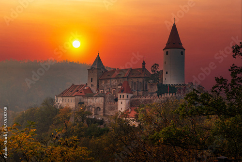 View of Krivoklat castle at sunset. Autumn evening. Czechia.