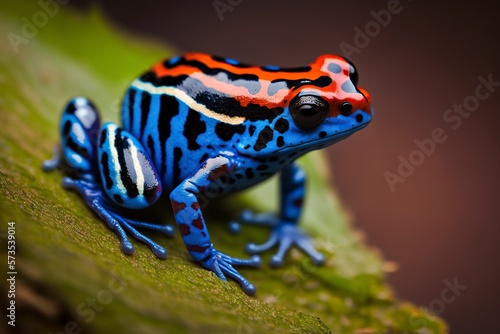 illustration, red striped poison dart frog blue legs, ai generative
