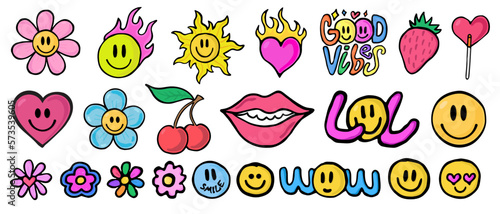 Cool Trendy Smile Stickers Pack. Set Of Groovy Patches Vector Design.. Pop Art Badges. photo