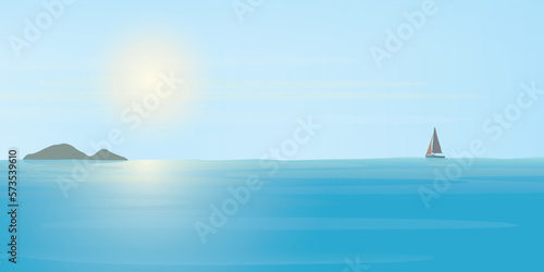 Yacht in the sea. Tropical blue sea in sunshine day have yacth and island at skyline illustration. Seascape and blue sky flat design.