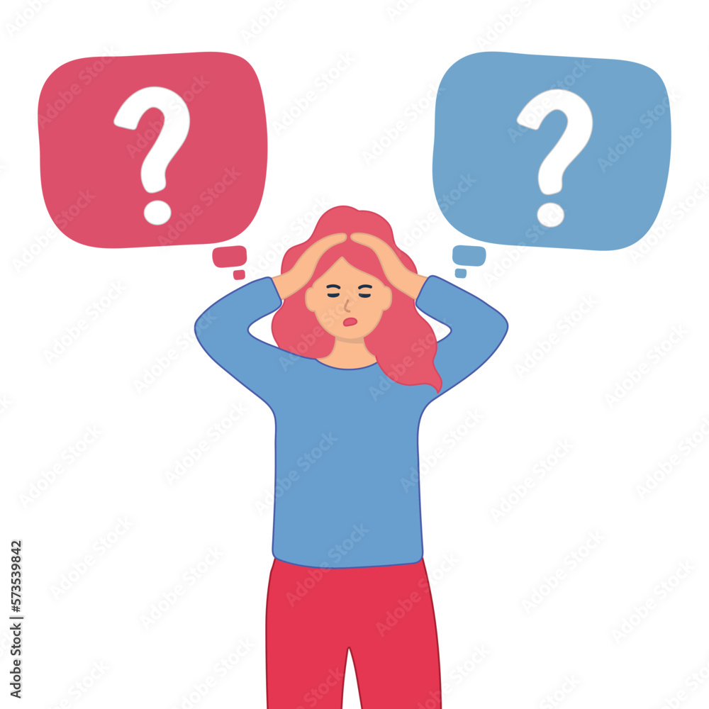 The woman is holding her head. Woman thinks about something and looks at question marks yes or no. Vector illustration. The woman is holding her head. Woman thinks about something and looks at question marks yes or no. Vector illustration.