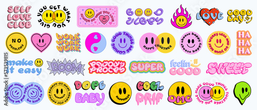 Cool Trendy Smile Stickers Pack. Set Of Groovy Patches Vector Design.. Pop Art Badges.