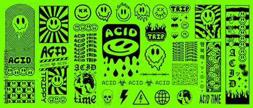 Set Of Acid Sticker Patterns Vector Design. Rave Graphic Elements. Trippy Smile Streetwear Art.