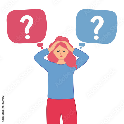 The woman is holding her head. Woman thinks about something and looks at question marks yes or no. Vector illustration. 