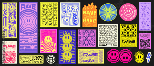 Cool Trendy Acid Stickers Collection. Rave Art Pattern. Trippy Parches Vector Design. Smile Elements.