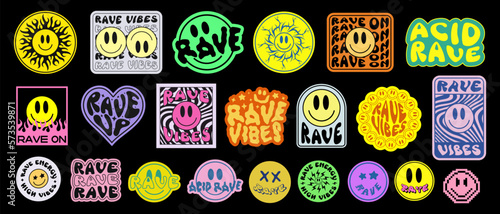 Cool Trendy Acid Stickers Collection. Rave Art Pattern. Trippy Parches Vector Design. Smile Elements.