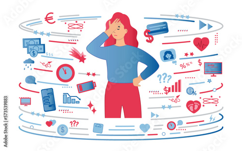 Vector illustration concept of a business woman practicing yoga and meditation in the office. The girl sits in the lotus position, the thought process, the emergence and search for ideas. Time managem