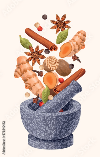 Illustration of mortar and pestle with spices