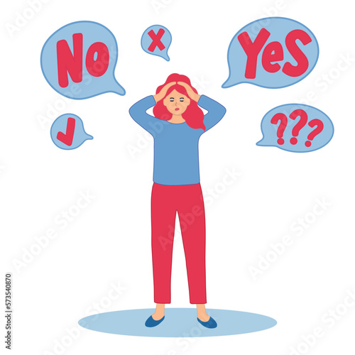 Woman thinks about something and looks at question marks yes or no. Vector illustration. 