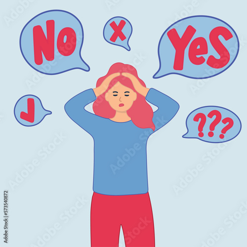 Young girl stands embarrassed to choose YES or NO, flat style cartoon character vector illustration. The concept of choice, choice, response, response, acceptance of failure. Use with advertising or b