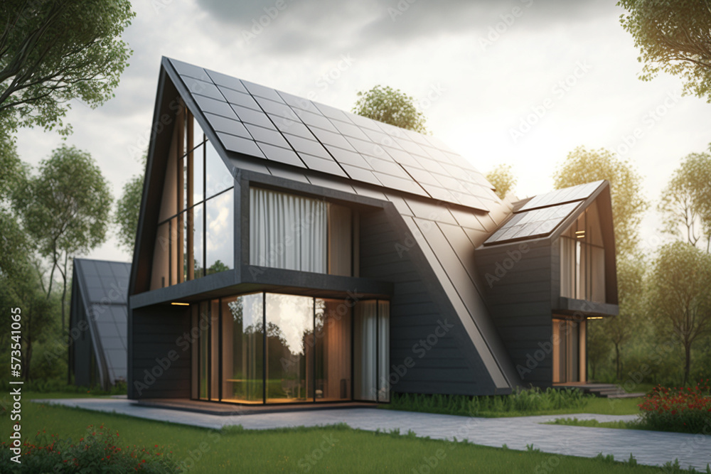 View of Solar panels on the roof of the modern house. Exterior design of luxury ...