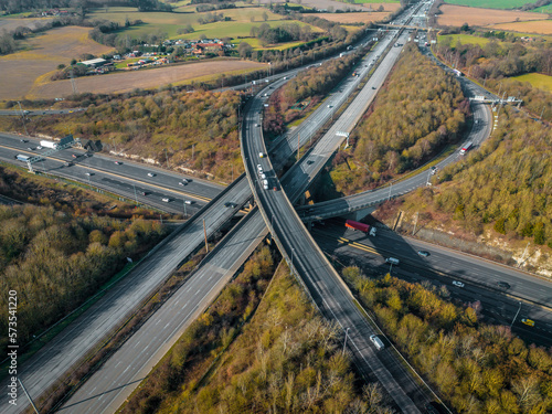 Rush Hour Vehicles Driving on a Motorway Interchange UK Aerial View