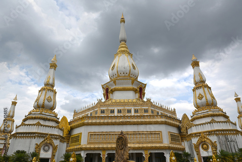 Beautiful towers of the Buddhist pagoda at Wat Pha Nam Thip Thepprasit Wanaram temple Roi Et, Northeast Thailand