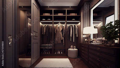 Front view of modern and large wardrobe in dressing room with fashionable clothes wear, shoes and bag