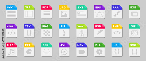 File format flat icon set. Document file icons vector set