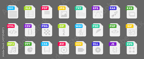 File format flat icon set. Document file icons vector set
