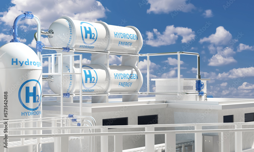 Hydrogen power plant. H2 energy. Substation building distributing hydrogen energy. Building with