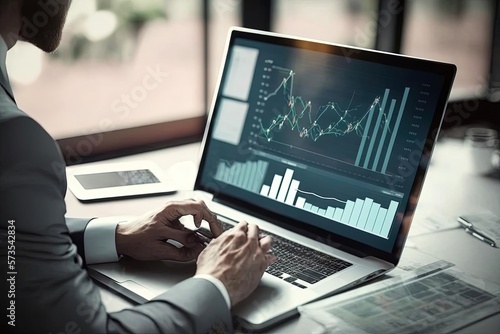 Digital Rendering of Man Analyzing on Laptop with Power BI Dashboard and Rustic Precision photo