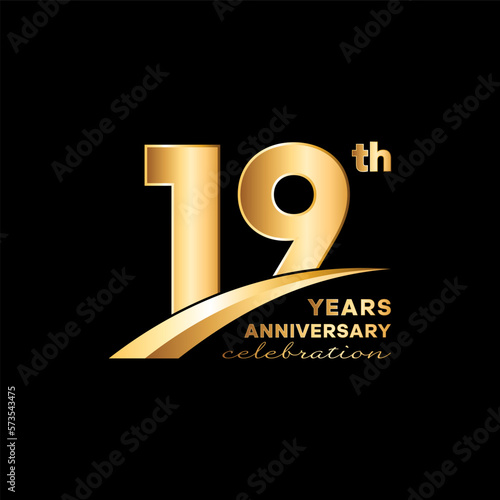19th Anniversary. Anniversary logo design with golden number and text for anniversary celebration event, invitation, wedding, greeting card, banner, poster, flyer, brochure. Logo Vector Template