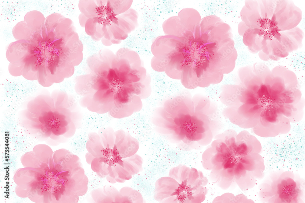 Background pattern of pink Sakura blossom or Japanese flowering cherry in a random arrangement on a white background.