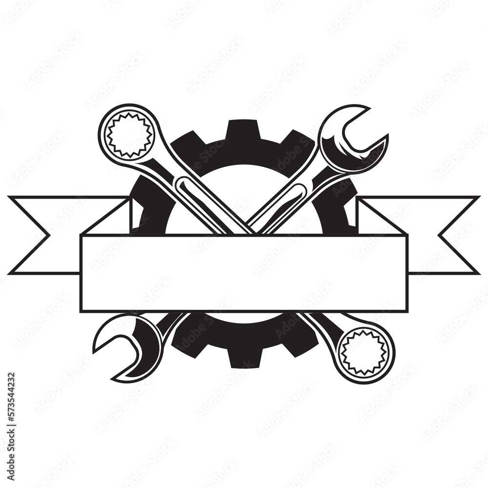 crossed mechanic wrench tools black and white with label text space Stock  Vector | Adobe Stock