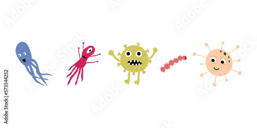 Cute Microorganism isolated on white background. Infectious germ, protist, microbe. Disease causing bacteria, viruses. Bright colored cartoon kids vector illustration.