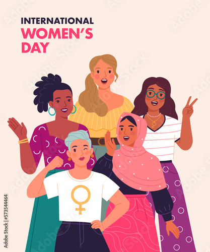 International women's Day greeting card concept. Vector cartoon illustration in trendy flat style with five diverse multiracial women standing together and smiling. Isolated on light background
