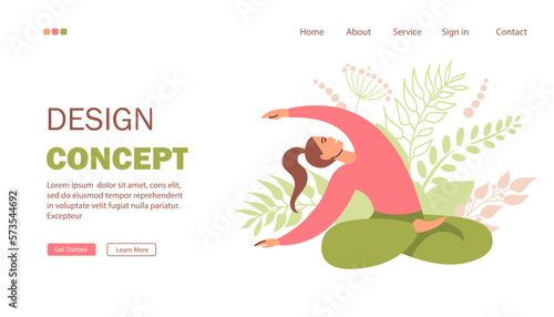 Young woman doing yoga. Landing page for a site about sports, yoga, a healthy and active lifestyle. The girl does exercises on a plant background. Flat style. Vector illustration.