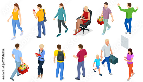 Different isomeric people icons set. People meeting, discussing, grocery shopping, travel, business and psychology
