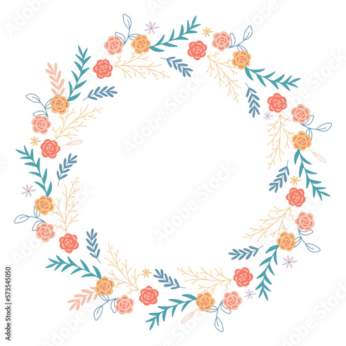 Flower frame for postcards or invitation. Spring and summer flowers and herbs of circular rim. Delicate floral wreath. Empty template with copy spice, vector Illustration