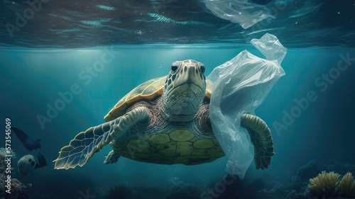 Large sea turtle caretta caretta stuck in a plastic bag floating, trash in the water in the ocean and on the bottom, eco problems. generative AI © Assyifa Sisters