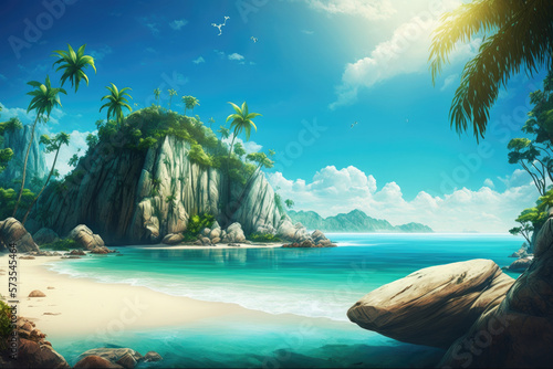 Blue tropical island in ocean background. Illustration AI Generative