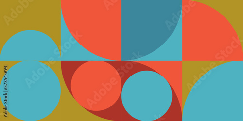 Modern vector abstract geometric background with circles, rectangles and squares in retro Scandinavian style. Pastel colored simple shapes graphic pattern.