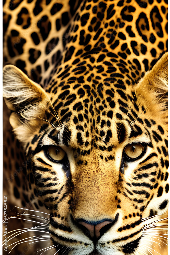 Fototapeta premium A closeup portrait of a leopard on a hunt ready to attack. Generative AI