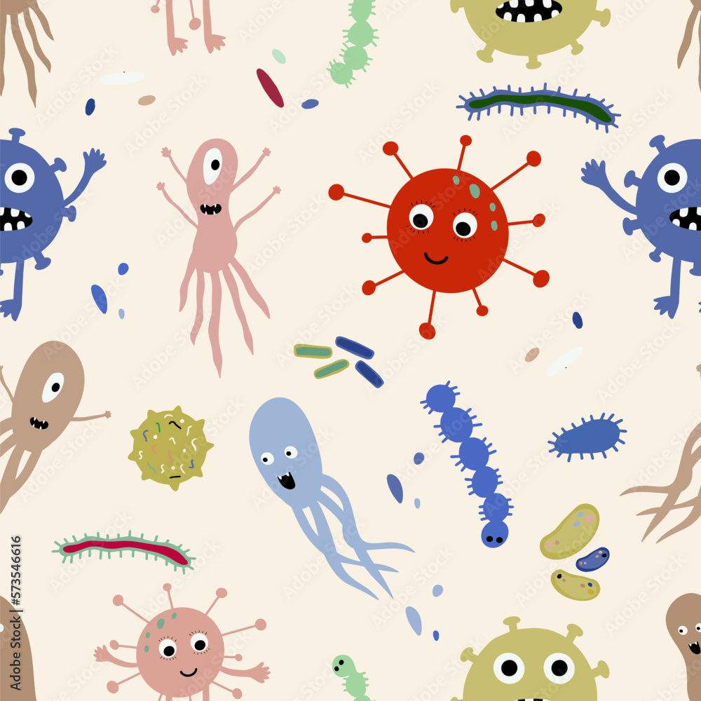 Cute Microorganism seamless pattern. Infectious germ, protist, microbe. Disease causing bacteria, viruses. Bright colored cartoon kids print Cute Microorganism seamless pattern. Infectious germ, protist, microbe. Disease causing bacteria, viruses. Bright colored cartoon kids print
