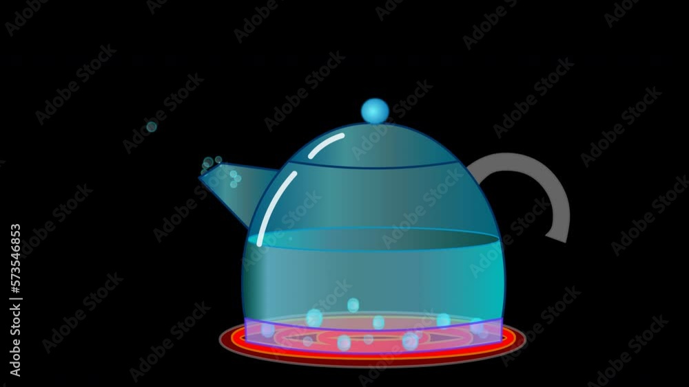 Teapot boil animation. Water boiling with electric stove coil, bubbling