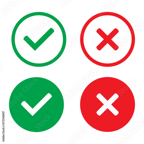 Green tick and red cross checkmarks in circle flat icons. Yes or no line symbol, approved or rejected icon for user interface.
