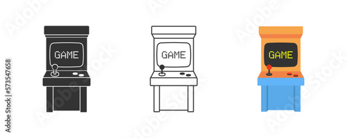 Retro arcade game machine. Retro style. 80's console pixel game, vintage. Classic 8-bit game. Outline, flat and colored style. Vector illustration.