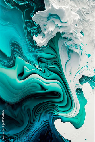 Fototapeta Naklejka Na Ścianę i Meble -  Amazing and elegant bright & colorful fluid liquid paint iphone, samsung, apple vertical wallpaper in a teal, blue & white abstract color scheme, painting (generative ai) 3d render
