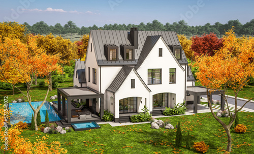 3d rendering of cute cozy white and black modern Tudor style house with parking and pool for sale or rent with beautiful landscaping. Fairy roofs. Clear sunny autumn day with golden leaves anywhere