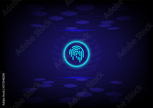 Cyber security concept. Electronic fingerprint with the binary number and earth on futuristic technology abstract background. Digital protection.