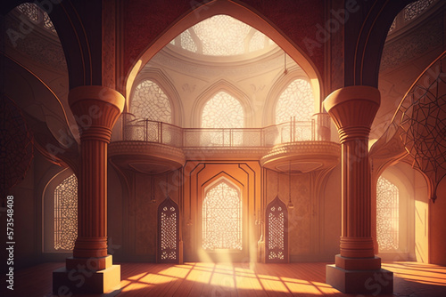 an elegant illustration of a mosque interior that showcases the intricate details and patterns found in Islamic architecture. Generative AI
