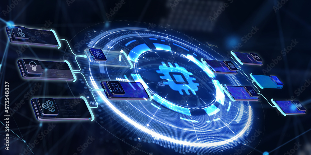 Fototapeta premium Internet of things - IOT concept. Businessman offer IOT products and solutions. 3d illustration