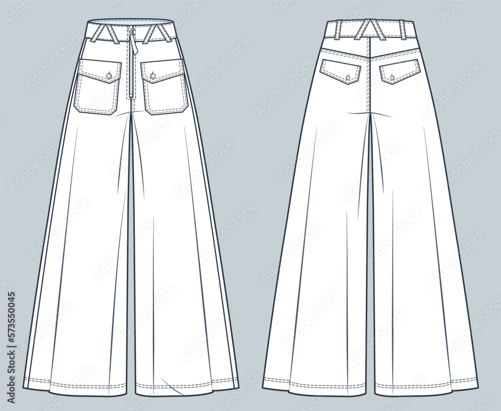 Baggy Jeans Pants technical fashion illustration. Wide Pants fashion flat  technical drawing template, high waist, pockets, front and back view,  white, women, men, unisex CAD mockup. Stock Vector